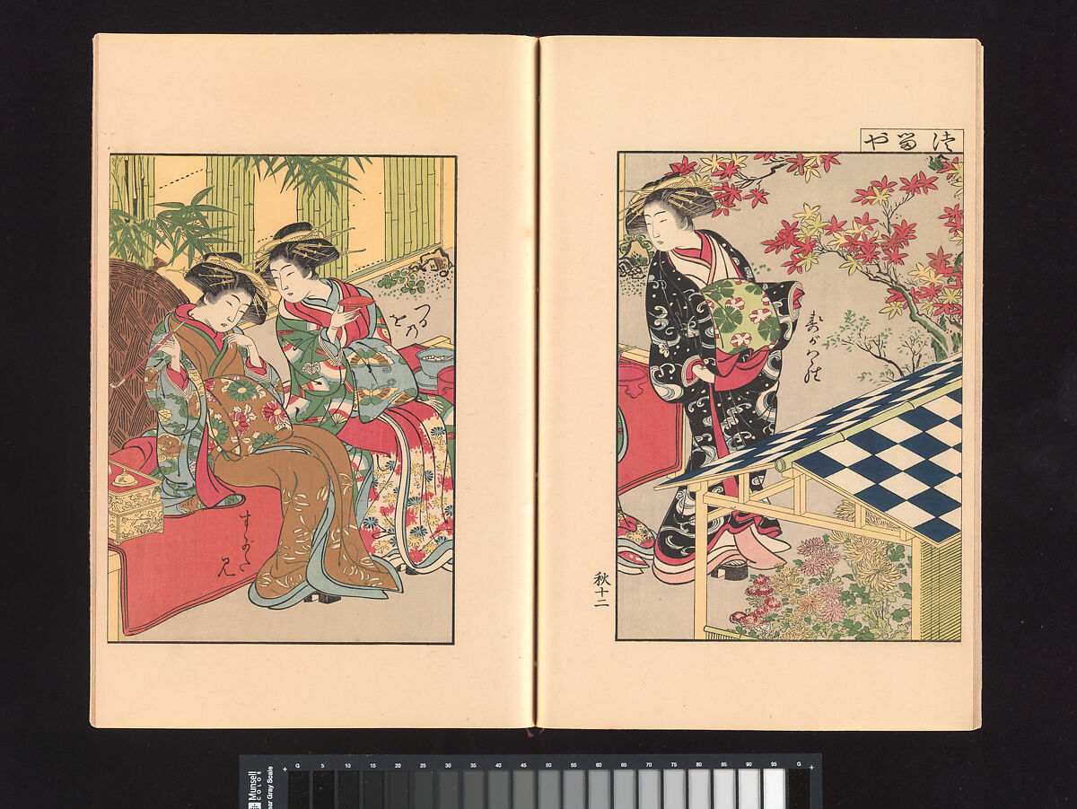 A Mirror of Yoshiwara Beauties, Katsukawa Shunshō 勝川春章 (Japanese, 1726–1792), Woodblock printed book (Japanese-style binding), ink and color on paper, Japan