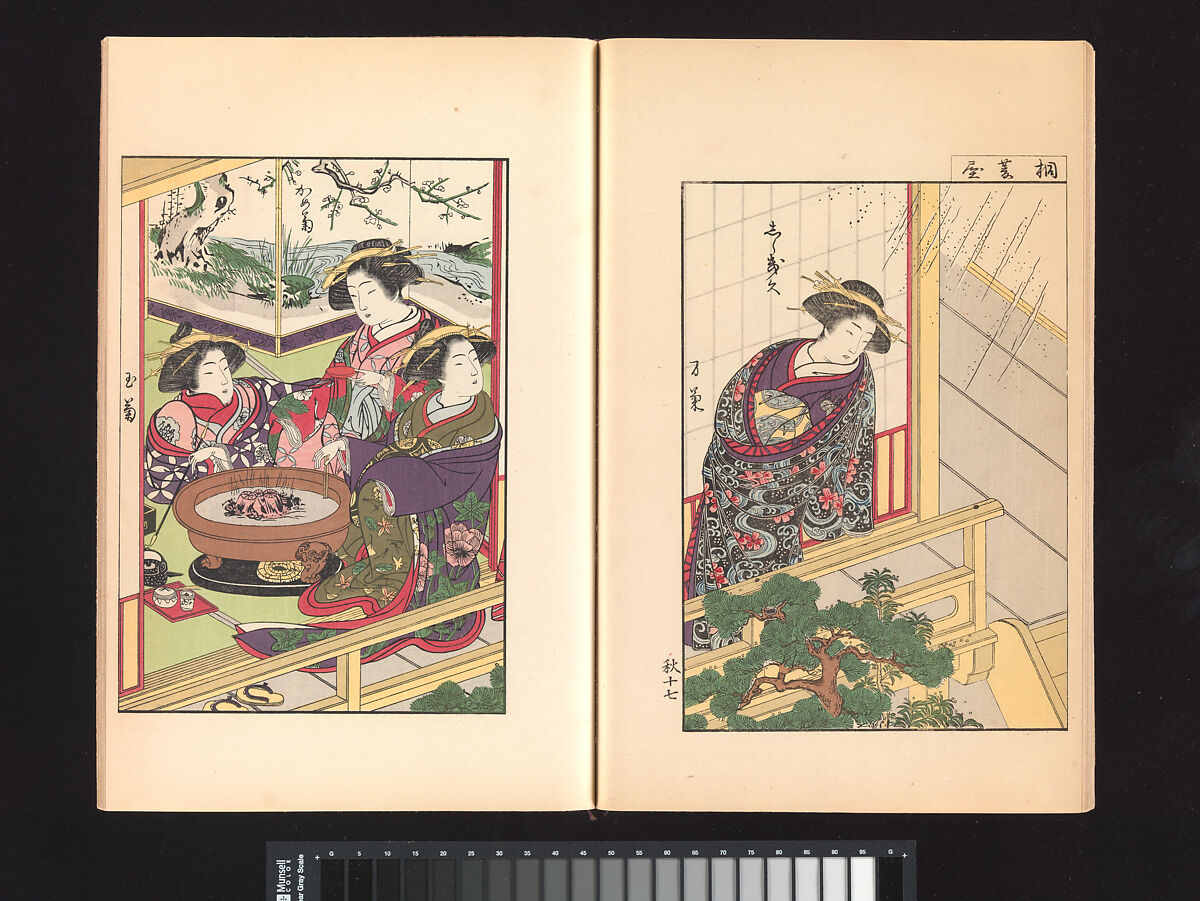 A Mirror of Yoshiwara Beauties, Katsukawa Shunshō 勝川春章 (Japanese, 1726–1792), Woodblock printed book (Japanese-style binding), ink and color on paper, Japan