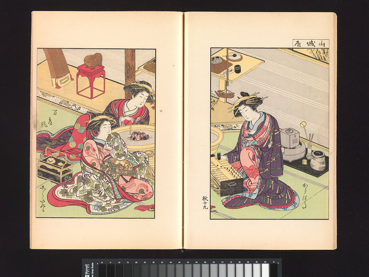 A Mirror of Yoshiwara Beauties, Katsukawa Shunshō 勝川春章 (Japanese, 1726–1792), Woodblock printed book (Japanese-style binding), ink and color on paper, Japan