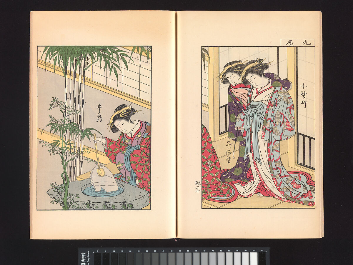 A Mirror of Yoshiwara Beauties, Katsukawa Shunshō 勝川春章 (Japanese, 1726–1792), Woodblock printed book (Japanese-style binding), ink and color on paper, Japan