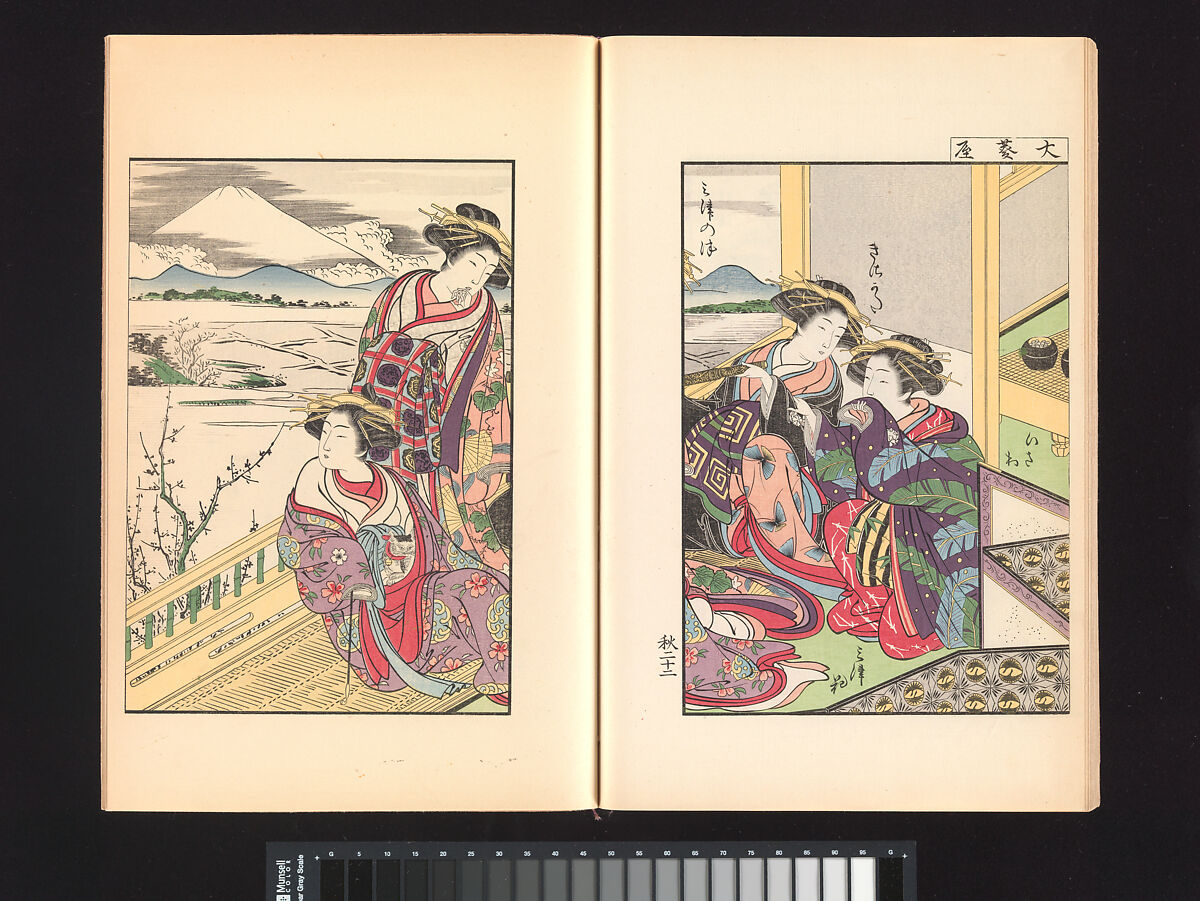 A Mirror of Yoshiwara Beauties, Katsukawa Shunshō 勝川春章 (Japanese, 1726–1792), Woodblock printed book (Japanese-style binding), ink and color on paper, Japan