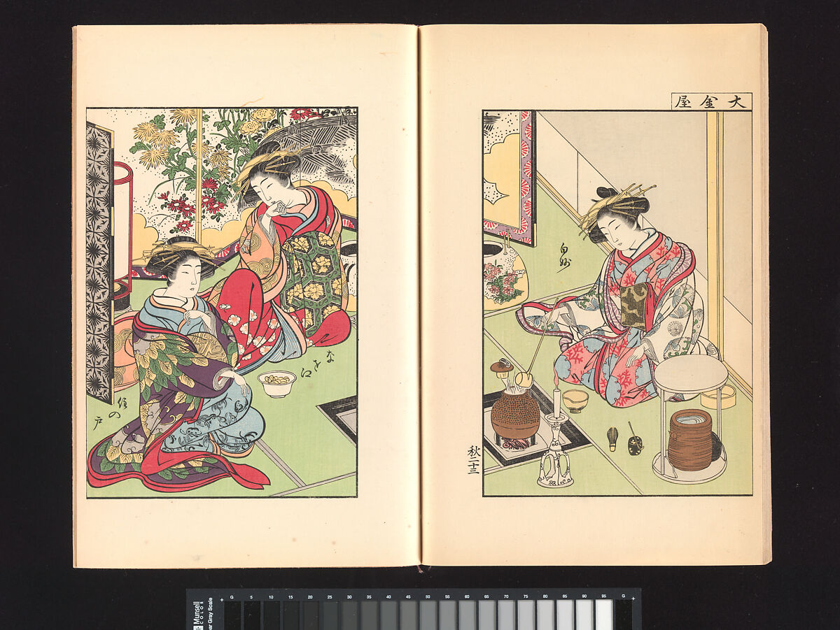A Mirror of Yoshiwara Beauties, Katsukawa Shunshō 勝川春章 (Japanese, 1726–1792), Woodblock printed book (Japanese-style binding), ink and color on paper, Japan