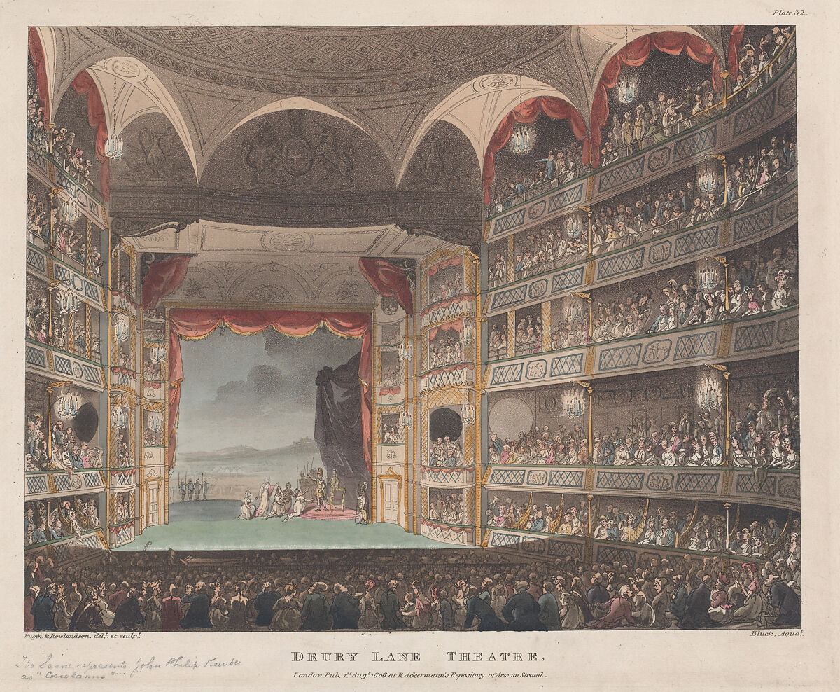 Drury Lane Theatre, Designed and etched by Thomas Rowlandson (British, London 1757–1827 London), Hand-colored etching and aquatint 