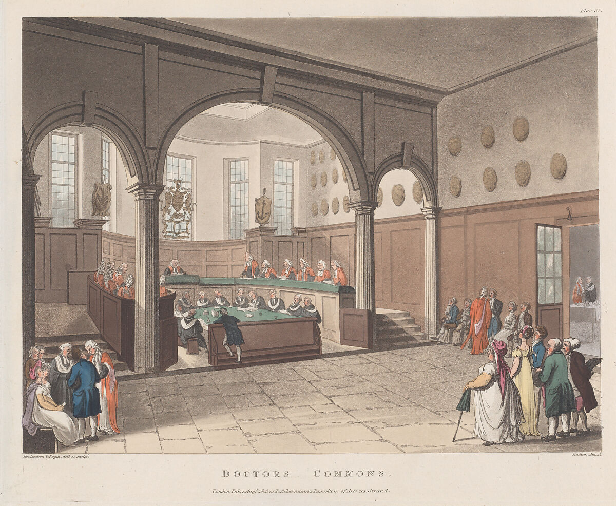 Doctors' Commons, Designed and etched by Thomas Rowlandson (British, London 1757–1827 London), Hand-colored etching and aquatint 