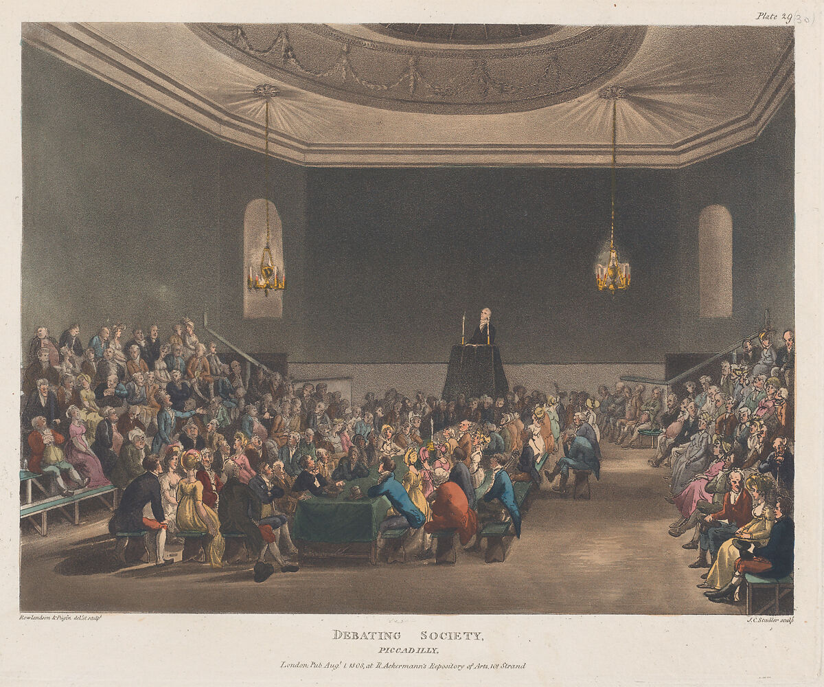 Debating Society, Piccadilly, Designed and etched by Thomas Rowlandson (British, London 1757–1827 London), Hand-colored etching and aquatint 