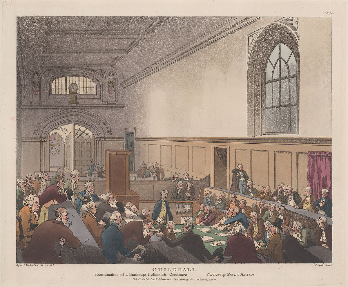 Guildhall, Examination of a Bankrupt before his Creditors, Designed and etched by Thomas Rowlandson (British, London 1757–1827 London), Hand-colored etching and aquatint 