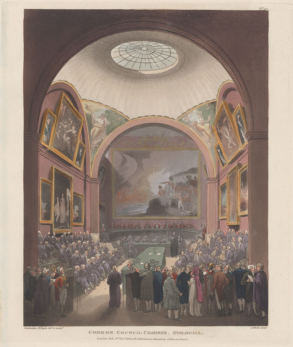 Common Council Chamber, Guildhall, Designed and etched by Thomas Rowlandson (British, London 1757–1827 London), Hand-colored etching and aquatint 