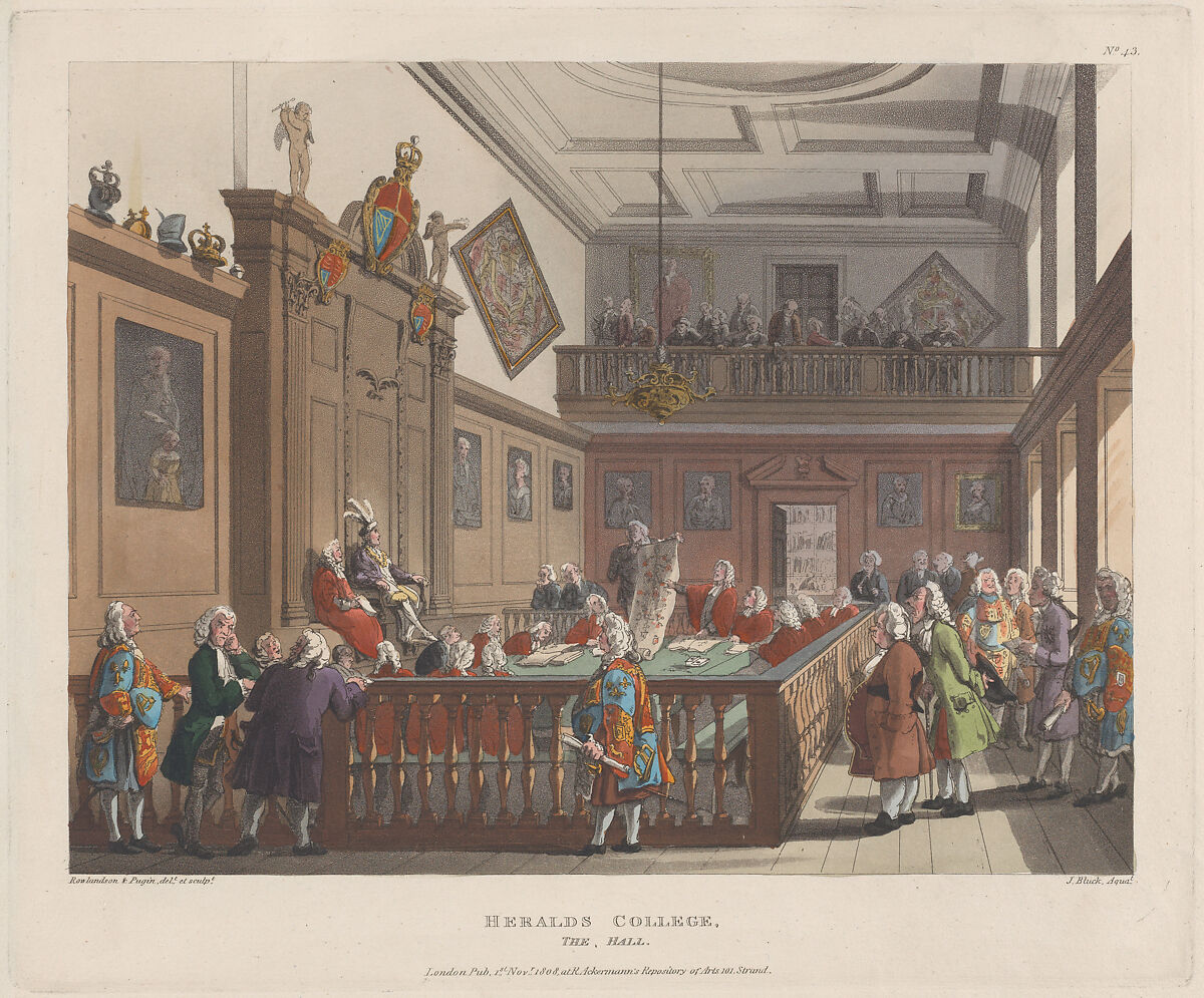 Herald's College, The Hall, Designed and etched by Thomas Rowlandson (British, London 1757–1827 London), Hand-colored etching and aquatint 