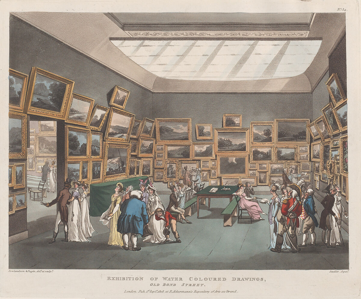 Exhibition of Water Coloured Drawings, Old Bond Street, Designed and etched by Thomas Rowlandson (British, London 1757–1827 London), Hand-colored etching and aquatint 