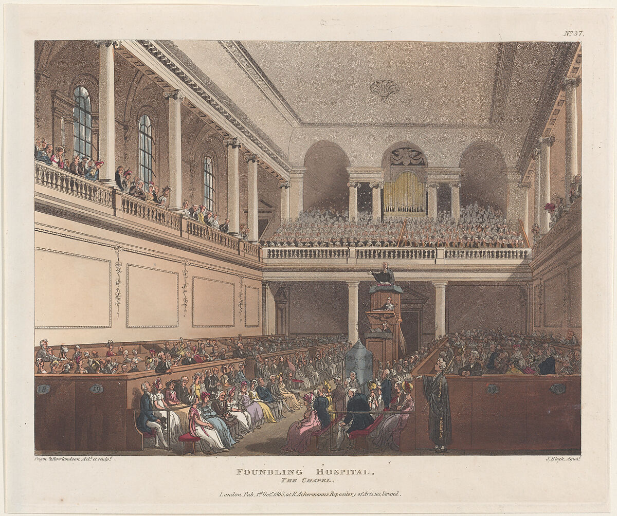 Foundling Hospital, The Chapel, Designed and etched by Thomas Rowlandson (British, London 1757–1827 London), Hand-colored etching and aquatint 
