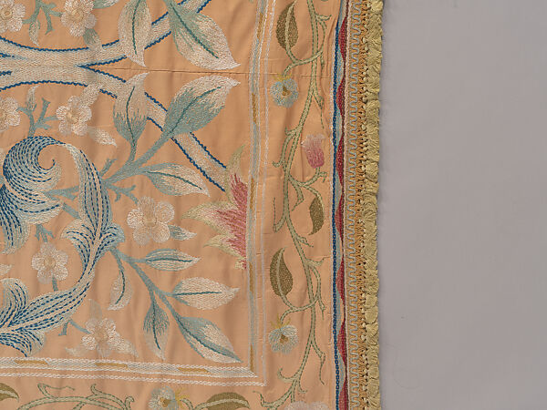 "Lotus" pattern bedcover or hanging, Design and embroidery possibly by May Morris (British, Bexley, Kent 1862–1938), Silk embroidery on woven silk foundation silk, with fringed trim, British