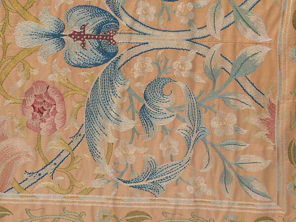 "Lotus" pattern bedcover or hanging, Design and embroidery possibly by May Morris (British, Bexley, Kent 1862–1938), Silk embroidery on woven silk foundation silk, with fringed trim, British