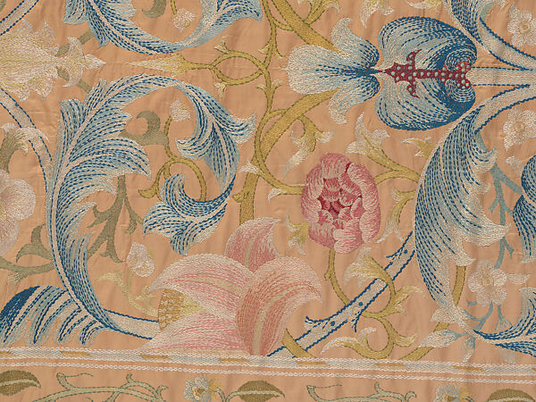 "Lotus" pattern bedcover or hanging, Design and embroidery possibly by May Morris (British, Bexley, Kent 1862–1938), Silk embroidery on woven silk foundation silk, with fringed trim, British