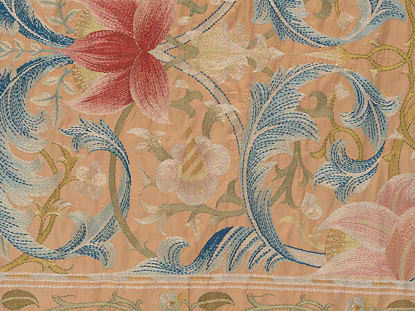 "Lotus" pattern bedcover or hanging, Design and embroidery possibly by May Morris (British, Bexley, Kent 1862–1938), Silk embroidery on woven silk foundation silk, with fringed trim, British