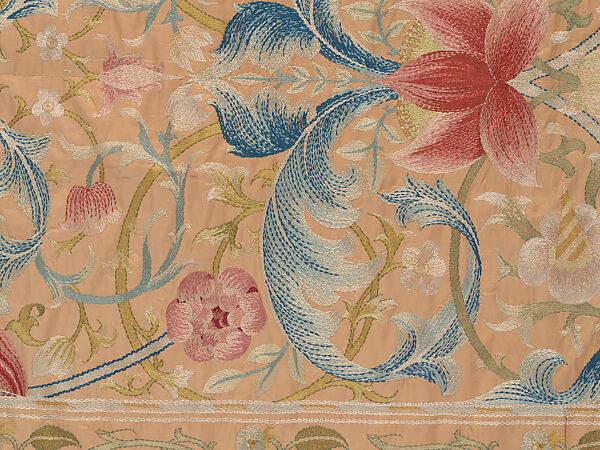 "Lotus" pattern bedcover or hanging, Design and embroidery possibly by May Morris (British, Bexley, Kent 1862–1938), Silk embroidery on woven silk foundation silk, with fringed trim, British
