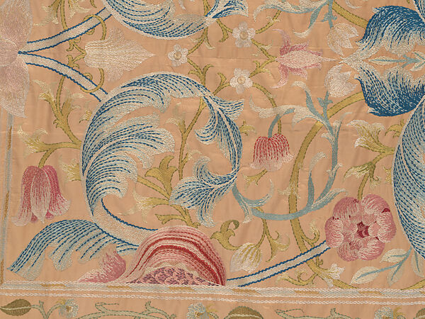 "Lotus" pattern bedcover or hanging, Design and embroidery possibly by May Morris (British, Bexley, Kent 1862–1938), Silk embroidery on woven silk foundation silk, with fringed trim, British