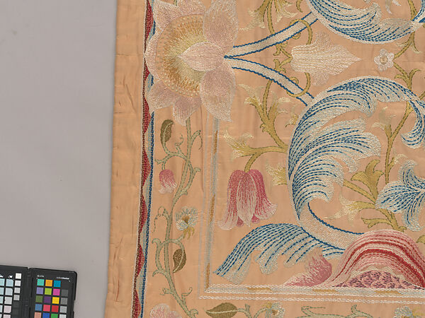 "Lotus" pattern bedcover or hanging, Design and embroidery possibly by May Morris (British, Bexley, Kent 1862–1938), Silk embroidery on woven silk foundation silk, with fringed trim, British