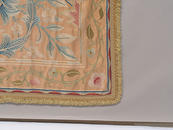 "Lotus" pattern bedcover or hanging, Design and embroidery possibly by May Morris (British, Bexley, Kent 1862–1938), Silk embroidery on woven silk foundation silk, with fringed trim, British