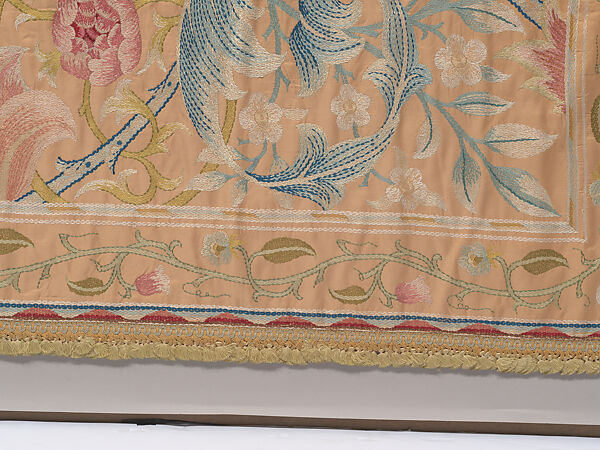 "Lotus" pattern bedcover or hanging, Design and embroidery possibly by May Morris (British, Bexley, Kent 1862–1938), Silk embroidery on woven silk foundation silk, with fringed trim, British