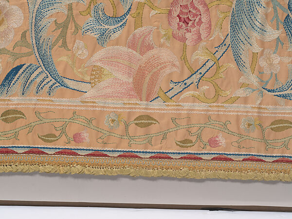 "Lotus" pattern bedcover or hanging, Design and embroidery possibly by May Morris (British, Bexley, Kent 1862–1938), Silk embroidery on woven silk foundation silk, with fringed trim, British