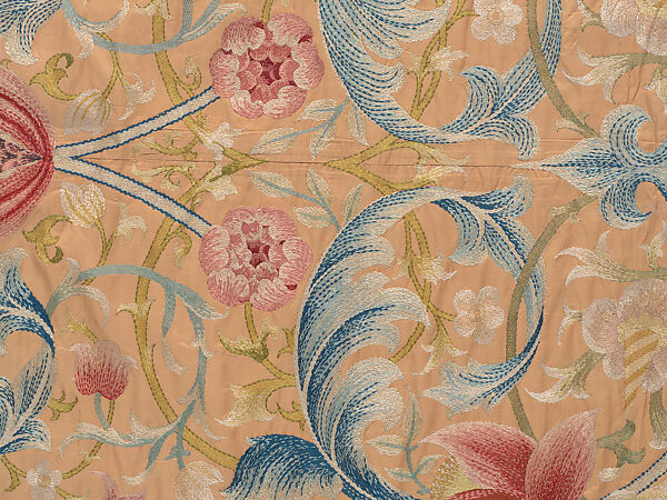"Lotus" pattern bedcover or hanging, Design and embroidery possibly by May Morris (British, Bexley, Kent 1862–1938), Silk embroidery on woven silk foundation silk, with fringed trim, British