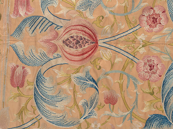 "Lotus" pattern bedcover or hanging, Design and embroidery possibly by May Morris (British, Bexley, Kent 1862–1938), Silk embroidery on woven silk foundation silk, with fringed trim, British