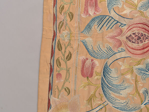 "Lotus" pattern bedcover or hanging, Design and embroidery possibly by May Morris (British, Bexley, Kent 1862–1938), Silk embroidery on woven silk foundation silk, with fringed trim, British