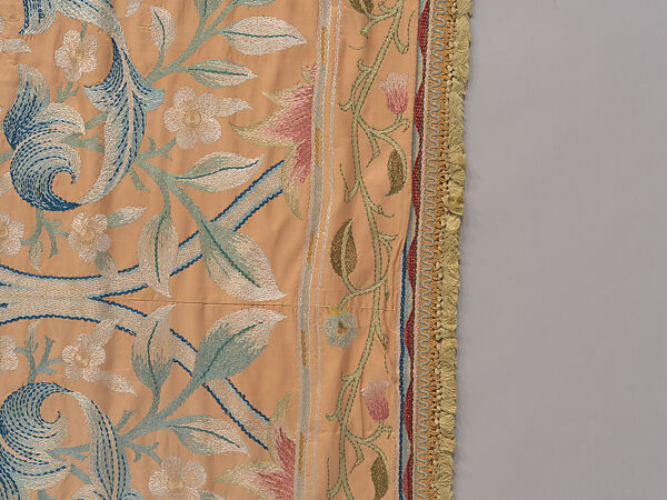 "Lotus" pattern bedcover or hanging, Design and embroidery possibly by May Morris (British, Bexley, Kent 1862–1938), Silk embroidery on woven silk foundation silk, with fringed trim, British
