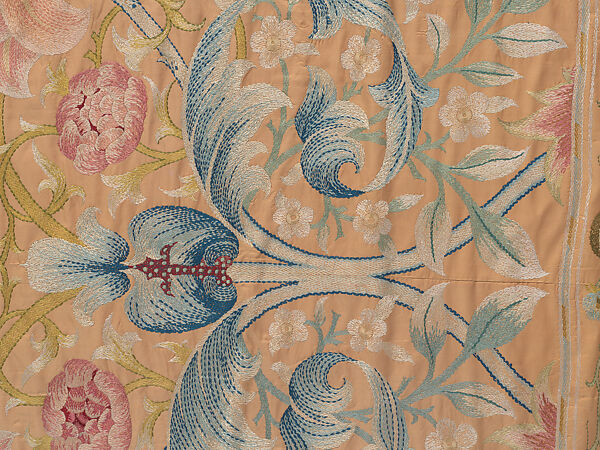 "Lotus" pattern bedcover or hanging, Design and embroidery possibly by May Morris (British, Bexley, Kent 1862–1938), Silk embroidery on woven silk foundation silk, with fringed trim, British