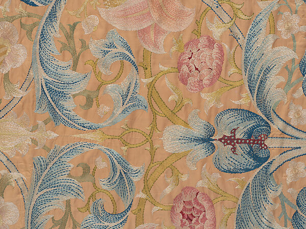 "Lotus" pattern bedcover or hanging, Design and embroidery possibly by May Morris (British, Bexley, Kent 1862–1938), Silk embroidery on woven silk foundation silk, with fringed trim, British