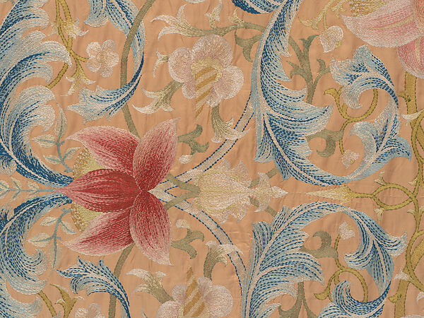 "Lotus" pattern bedcover or hanging, Design and embroidery possibly by May Morris (British, Bexley, Kent 1862–1938), Silk embroidery on woven silk foundation silk, with fringed trim, British