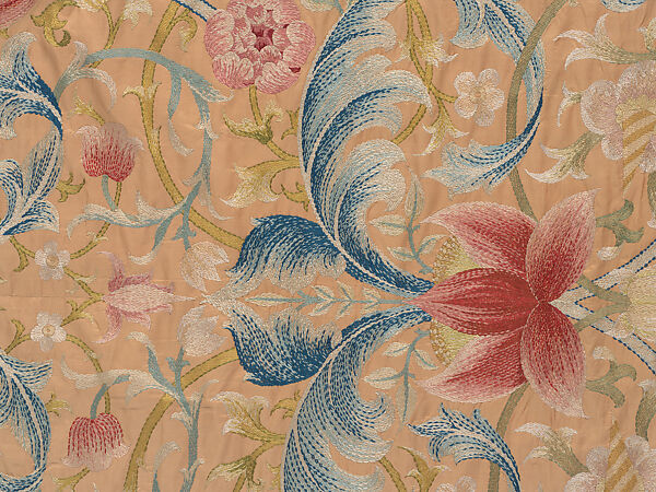 "Lotus" pattern bedcover or hanging, Design and embroidery possibly by May Morris (British, Bexley, Kent 1862–1938), Silk embroidery on woven silk foundation silk, with fringed trim, British