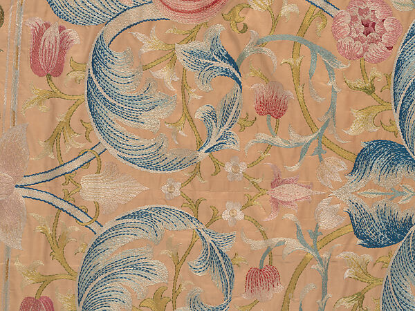 "Lotus" pattern bedcover or hanging, Design and embroidery possibly by May Morris (British, Bexley, Kent 1862–1938), Silk embroidery on woven silk foundation silk, with fringed trim, British