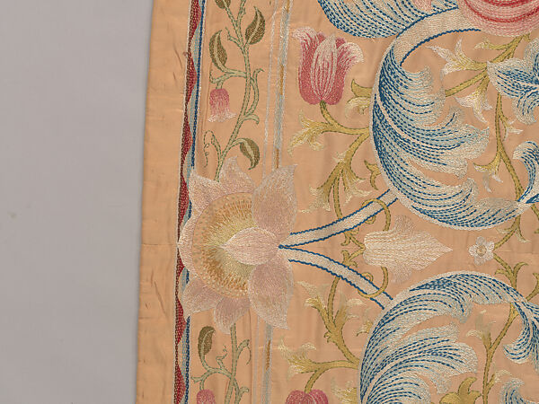 "Lotus" pattern bedcover or hanging, Design and embroidery possibly by May Morris (British, Bexley, Kent 1862–1938), Silk embroidery on woven silk foundation silk, with fringed trim, British