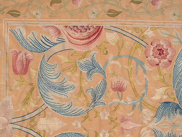"Lotus" pattern bedcover or hanging, Design and embroidery possibly by May Morris (British, Bexley, Kent 1862–1938), Silk embroidery on woven silk foundation silk, with fringed trim, British