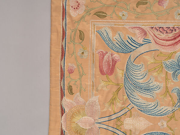 "Lotus" pattern bedcover or hanging, Design and embroidery possibly by May Morris (British, Bexley, Kent 1862–1938), Silk embroidery on woven silk foundation silk, with fringed trim, British