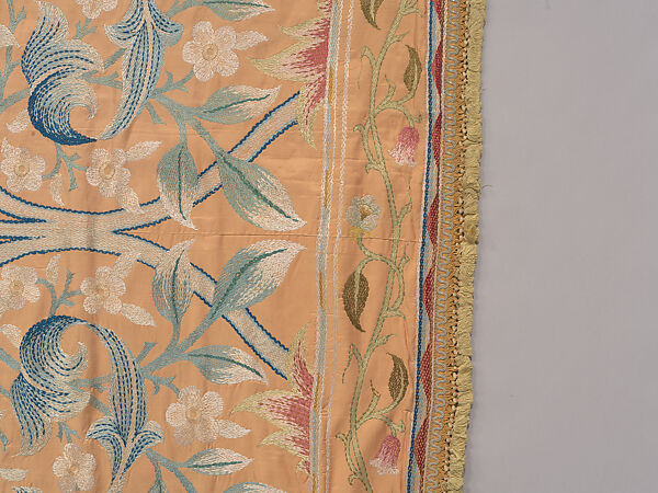 "Lotus" pattern bedcover or hanging, Design and embroidery possibly by May Morris (British, Bexley, Kent 1862–1938), Silk embroidery on woven silk foundation silk, with fringed trim, British