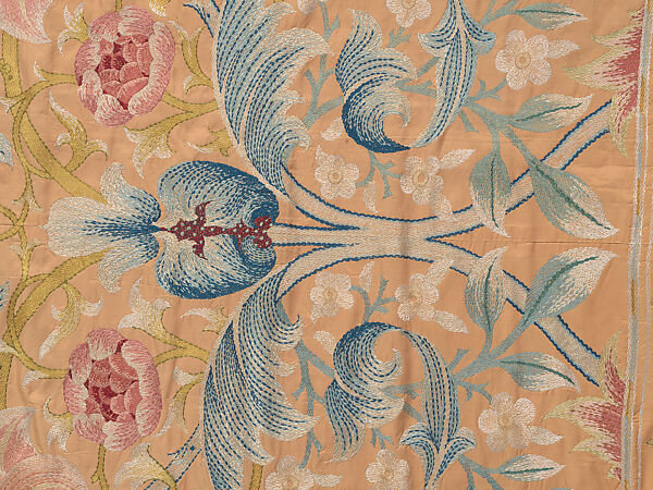"Lotus" pattern bedcover or hanging, Design and embroidery possibly by May Morris (British, Bexley, Kent 1862–1938), Silk embroidery on woven silk foundation silk, with fringed trim, British