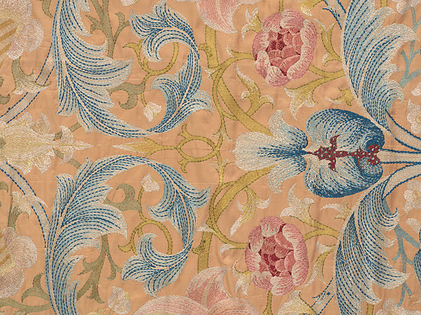"Lotus" pattern bedcover or hanging, Design and embroidery possibly by May Morris (British, Bexley, Kent 1862–1938), Silk embroidery on woven silk foundation silk, with fringed trim, British