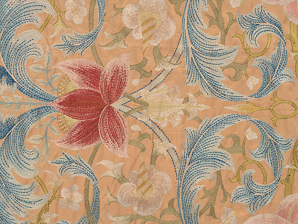 "Lotus" pattern bedcover or hanging, Design and embroidery possibly by May Morris (British, Bexley, Kent 1862–1938), Silk embroidery on woven silk foundation silk, with fringed trim, British
