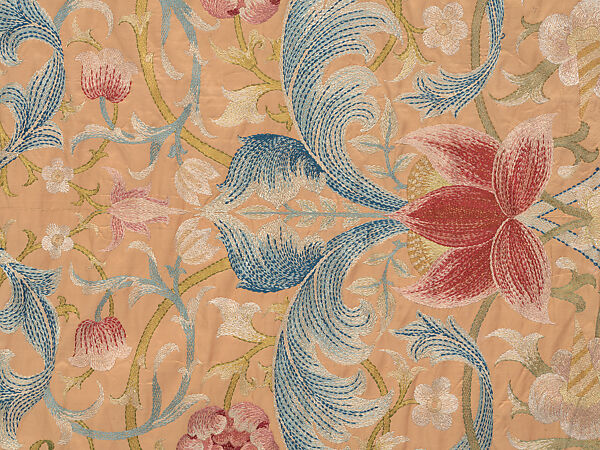 "Lotus" pattern bedcover or hanging, Design and embroidery possibly by May Morris (British, Bexley, Kent 1862–1938), Silk embroidery on woven silk foundation silk, with fringed trim, British