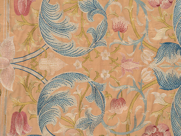 "Lotus" pattern bedcover or hanging, Design and embroidery possibly by May Morris (British, Bexley, Kent 1862–1938), Silk embroidery on woven silk foundation silk, with fringed trim, British