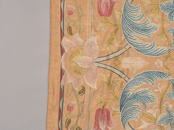"Lotus" pattern bedcover or hanging, Design and embroidery possibly by May Morris (British, Bexley, Kent 1862–1938), Silk embroidery on woven silk foundation silk, with fringed trim, British