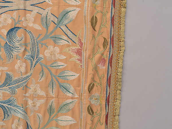 "Lotus" pattern bedcover or hanging, Design and embroidery possibly by May Morris (British, Bexley, Kent 1862–1938), Silk embroidery on woven silk foundation silk, with fringed trim, British
