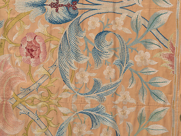 "Lotus" pattern bedcover or hanging, Design and embroidery possibly by May Morris (British, Bexley, Kent 1862–1938), Silk embroidery on woven silk foundation silk, with fringed trim, British