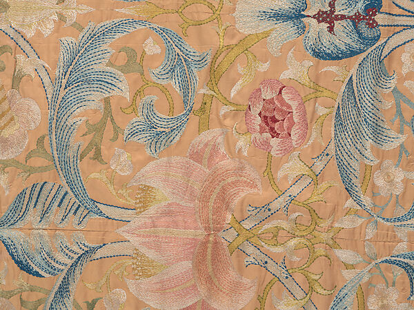 "Lotus" pattern bedcover or hanging, Design and embroidery possibly by May Morris (British, Bexley, Kent 1862–1938), Silk embroidery on woven silk foundation silk, with fringed trim, British
