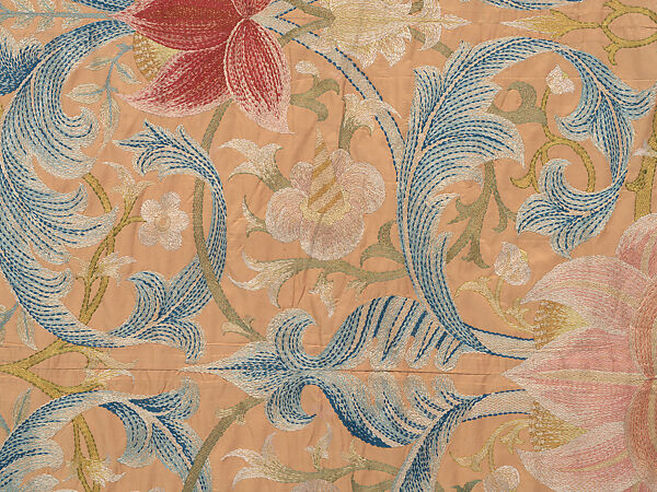 "Lotus" pattern bedcover or hanging, Design and embroidery possibly by May Morris (British, Bexley, Kent 1862–1938), Silk embroidery on woven silk foundation silk, with fringed trim, British