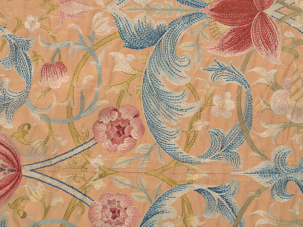 "Lotus" pattern bedcover or hanging, Design and embroidery possibly by May Morris (British, Bexley, Kent 1862–1938), Silk embroidery on woven silk foundation silk, with fringed trim, British