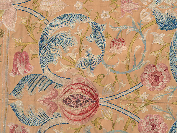 "Lotus" pattern bedcover or hanging, Design and embroidery possibly by May Morris (British, Bexley, Kent 1862–1938), Silk embroidery on woven silk foundation silk, with fringed trim, British