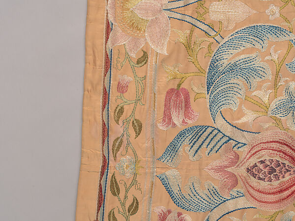 "Lotus" pattern bedcover or hanging, Design and embroidery possibly by May Morris (British, Bexley, Kent 1862–1938), Silk embroidery on woven silk foundation silk, with fringed trim, British